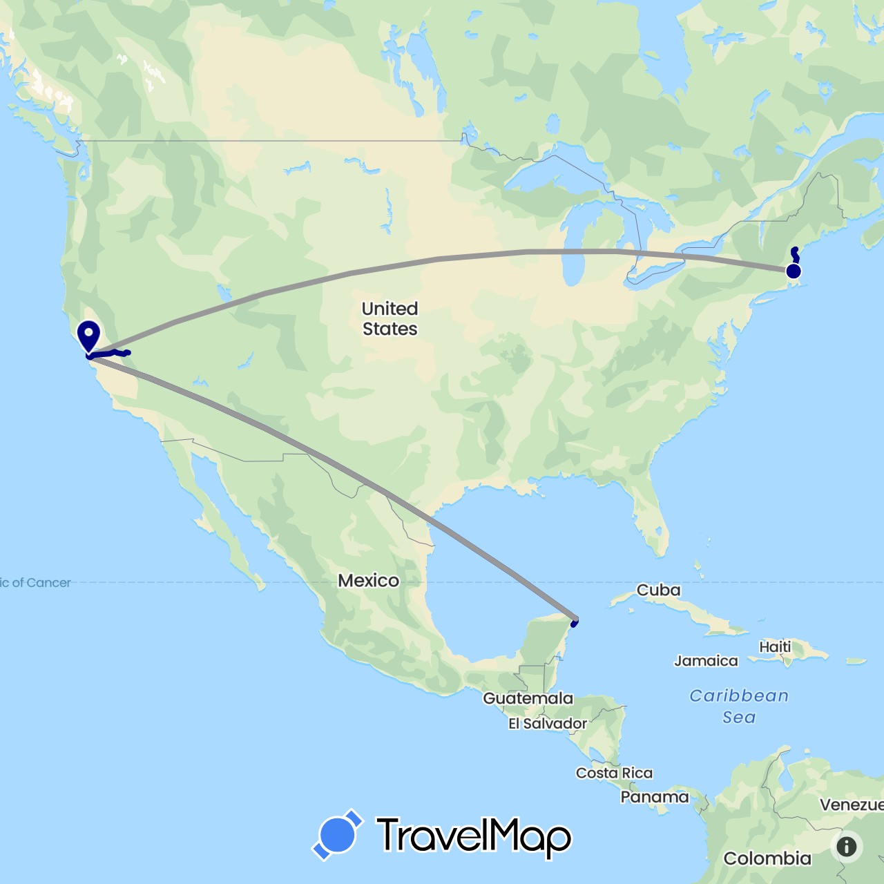 TravelMap itinerary: driving, plane in Mexico, United States (North America)