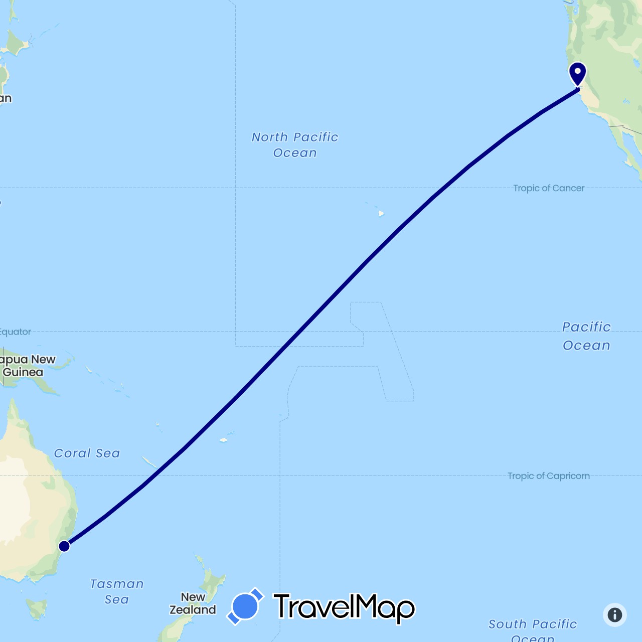 TravelMap itinerary: driving in Australia, United States (North America, Oceania)