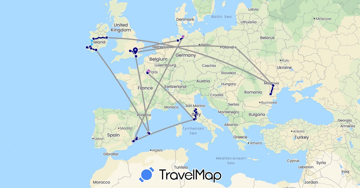 TravelMap itinerary: driving, plane, train, boat in Germany, Spain, France, United Kingdom, Ireland, Italy, Moldova, Poland (Europe)