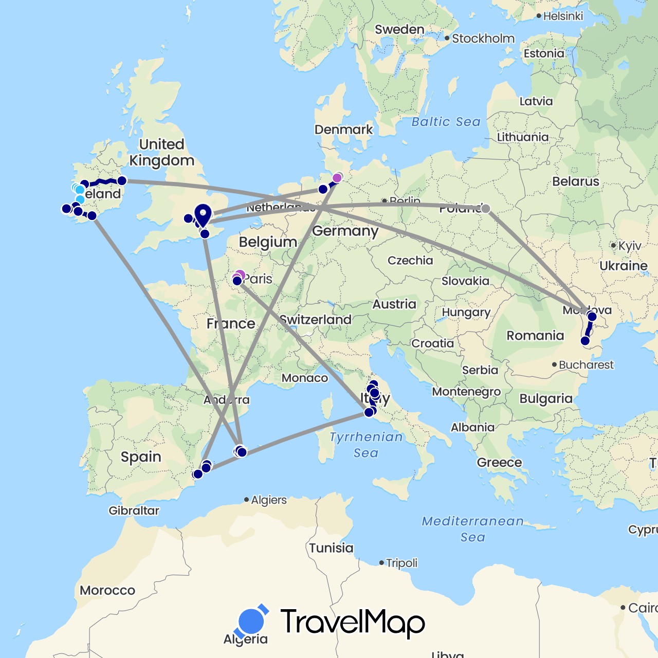 TravelMap itinerary: driving, plane, train, boat in Germany, Spain, France, United Kingdom, Ireland, Italy, Moldova, Poland (Europe)