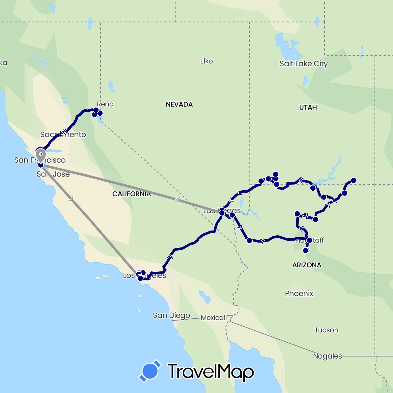 TravelMap itinerary: driving, plane, hiking in United States (North America)