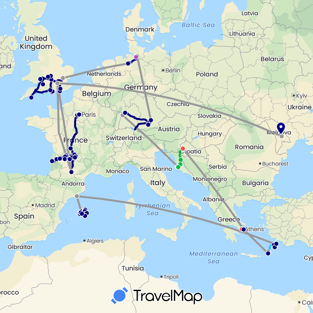 TravelMap itinerary: driving, bus, plane, train, hiking, boat in Germany, Spain, France, United Kingdom, Greece, Croatia, Moldova (Europe)