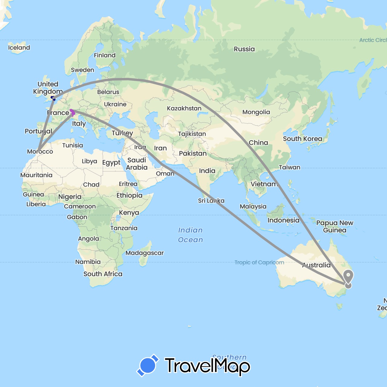 TravelMap itinerary: driving, plane, train in United Arab Emirates, Australia, Switzerland, United Kingdom, Italy, Morocco (Africa, Asia, Europe, Oceania)