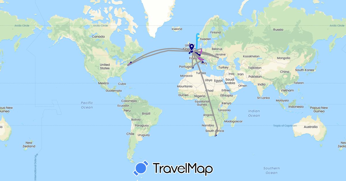TravelMap itinerary: driving, bus, plane, train, boat in Belgium, Switzerland, Germany, Spain, France, United Kingdom, Italy, Moldova, Netherlands, Norway, United States, South Africa (Africa, Europe, North America)