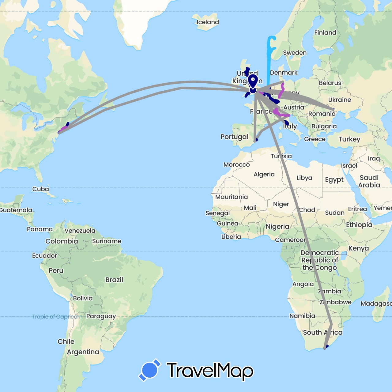TravelMap itinerary: driving, bus, plane, train, boat in Belgium, Switzerland, Germany, Spain, France, United Kingdom, Italy, Moldova, Netherlands, Norway, United States, South Africa (Africa, Europe, North America)