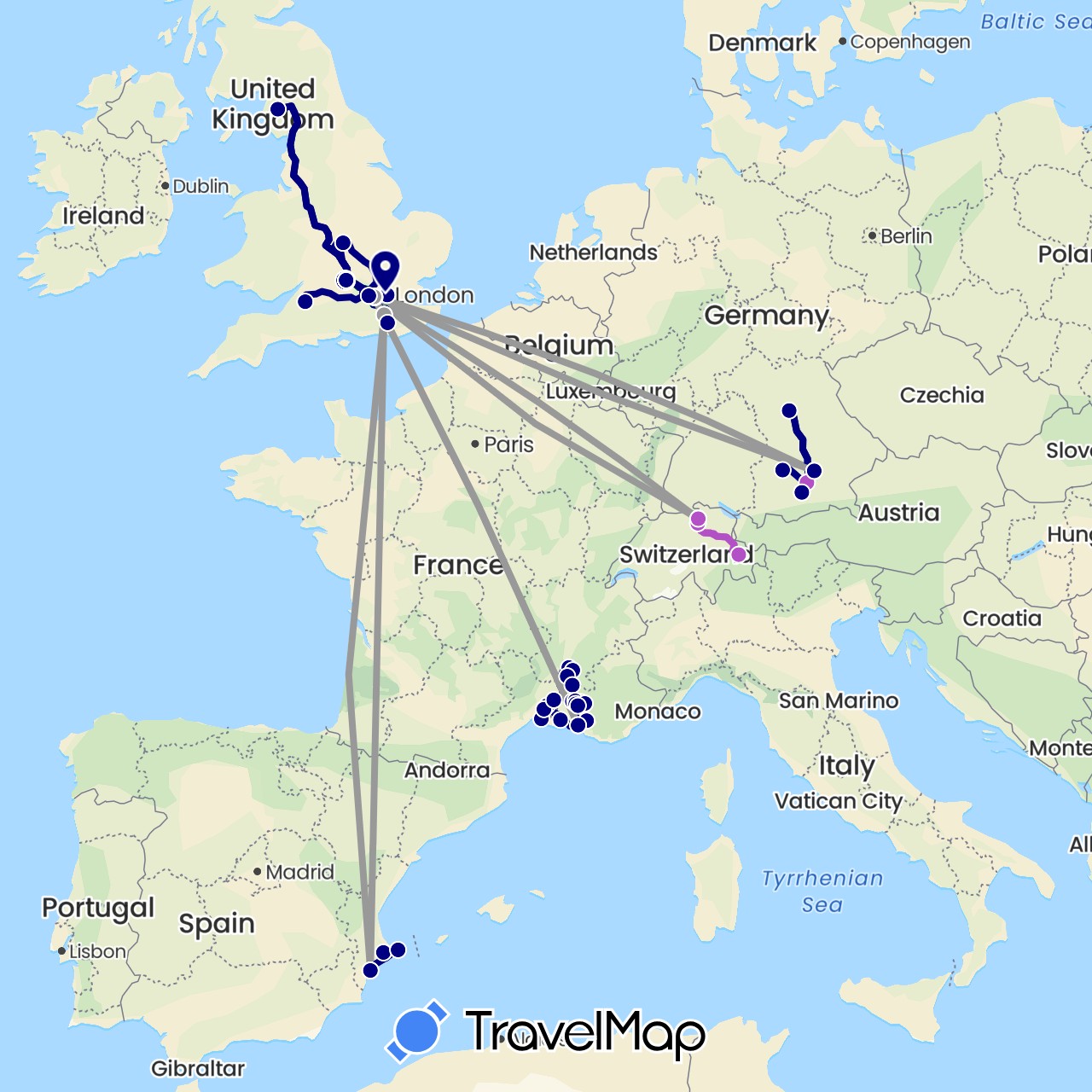 TravelMap itinerary: driving, bus, plane, train in Switzerland, Germany, Spain, France, United Kingdom (Europe)