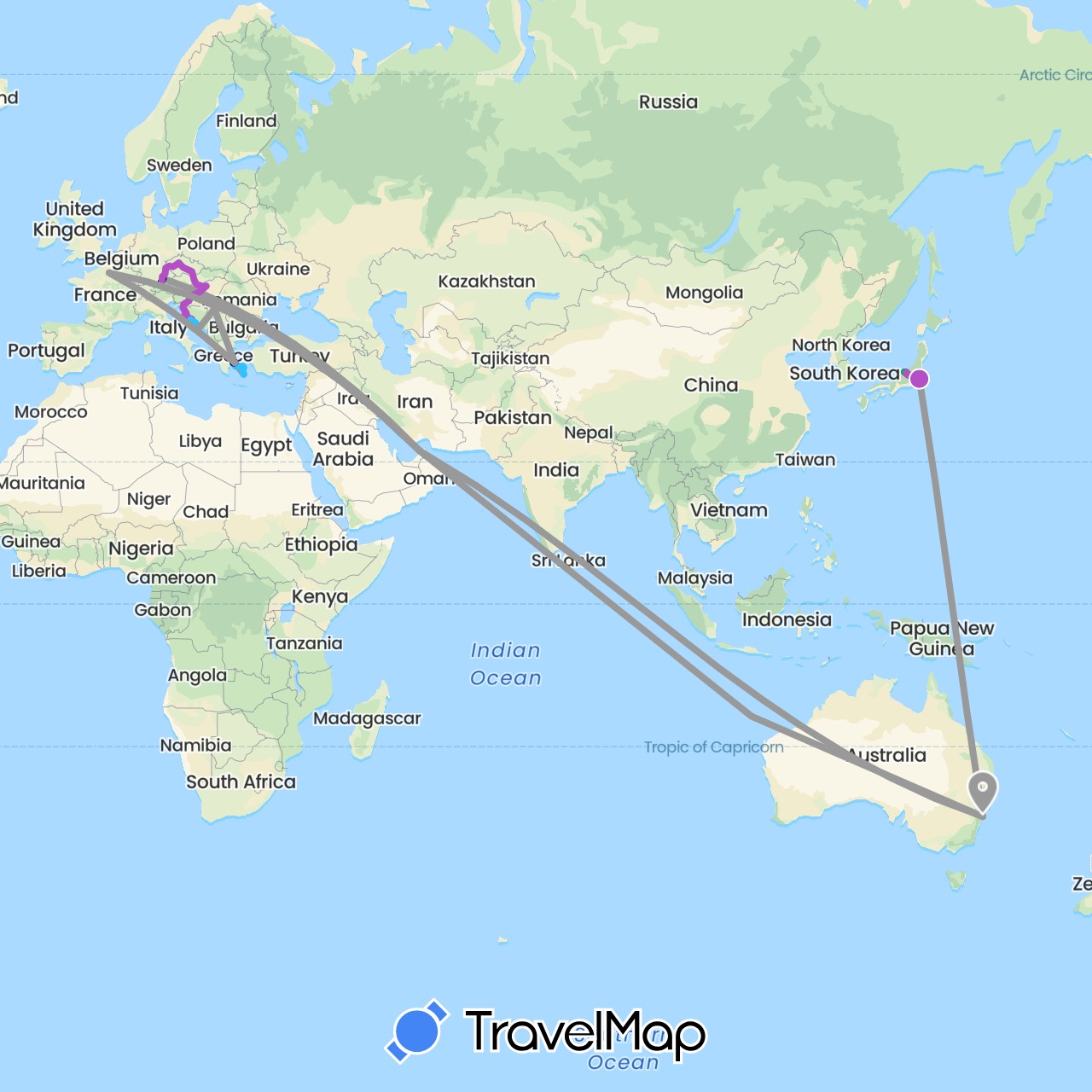TravelMap itinerary: driving, bus, plane, train, boat in United Arab Emirates, Australia, Czech Republic, Germany, France, Greece, Croatia, Hungary, Japan, Serbia (Asia, Europe, Oceania)
