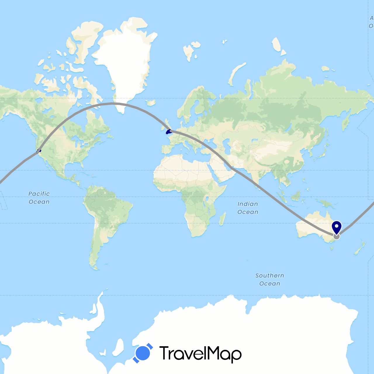 TravelMap itinerary: driving, plane, boat in United Arab Emirates, Australia, United Kingdom, United States (Asia, Europe, North America, Oceania)