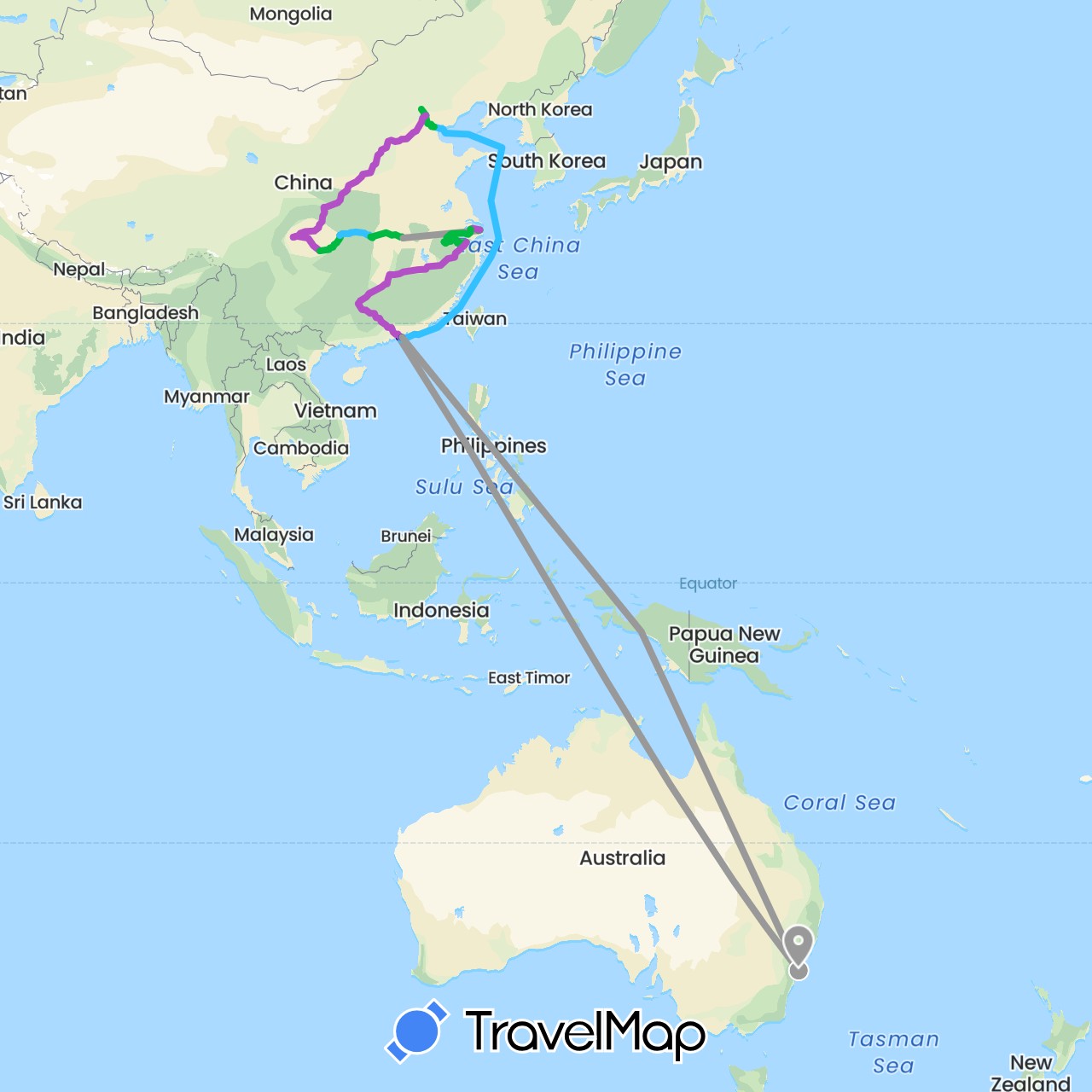 TravelMap itinerary: driving, bus, plane, train, boat in Australia, China (Asia, Oceania)